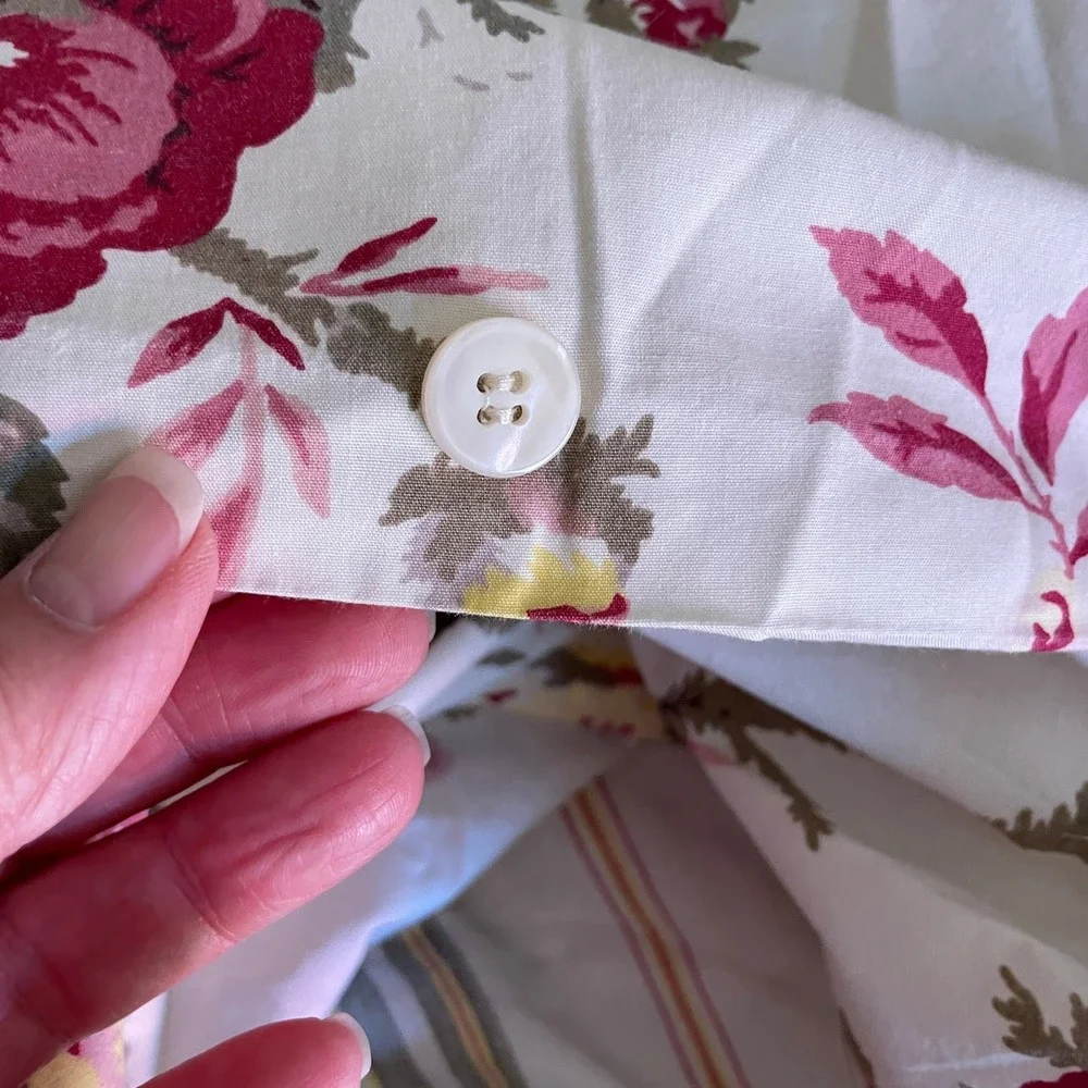 Pottery Barn Duvet Cover 2 Standard Shams Full Size Cream Cabbage Roses Stripes